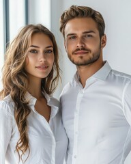 Young couple with stylish clothing smiling at the camera in bright modern interior setting