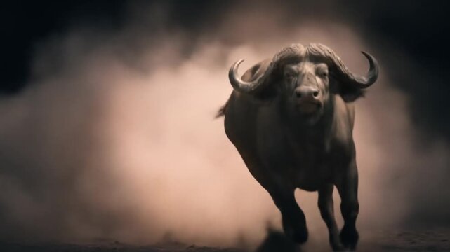 Cape buffalo runs through clouds of dust, head on, with dark background