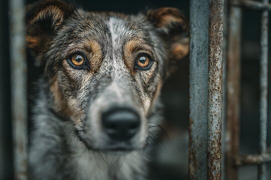 Stray dog in animal shelter waiting for adoption. Portrait of homeless dog in animal shelter cage. Dog behind the fences - Powered by Adobe