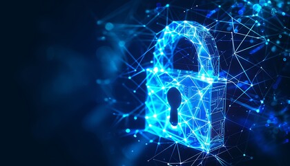 A digital representation of a padlock formed by interconnected lines, symbolizing security and data protection.