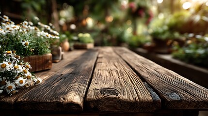 Wooden table surface with soft sunlight and blurred natural garden background, 75% empty space for organic food branding, healthy lifestyle promotion, and eco friendly product presentation.