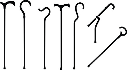 Walking cane silhouettes collection, black mobility aid icons, ergonomic handle designs, isolated on white background, vector illustration, medical support tools