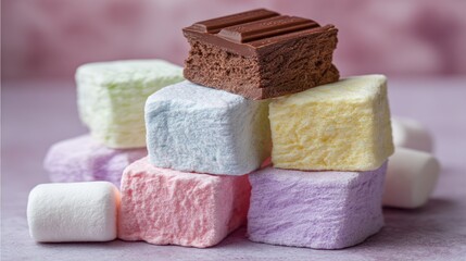 Colorful marshmallows and chocolate candy stack