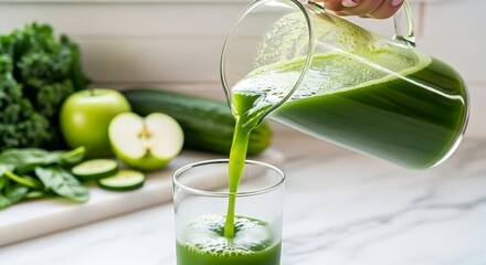 Green juice pouring into glass