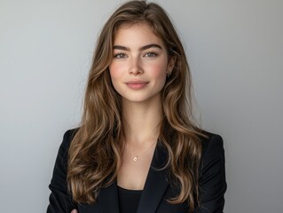 Young Woman with Long Hair in Black Blazer Posing Confidently Against a Neutral Background in a Professional Studio Setting