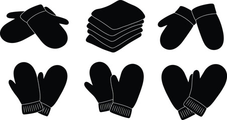 Winter mitten silhouette set, folded cloth stack, black accessory design, minimal fashion layout, cold weather gear, isolated on white background
