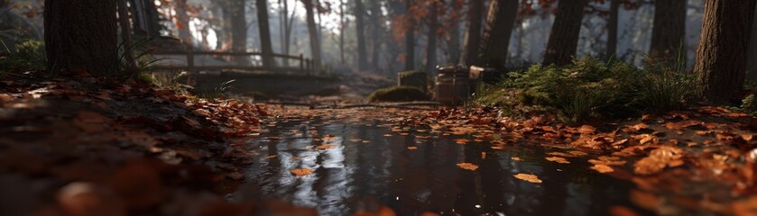 Fototapeta premium Serene autumn forest scene with moss covered ground fallen leaves and a gentle stream flowing through misty woods tranquil nature landscape