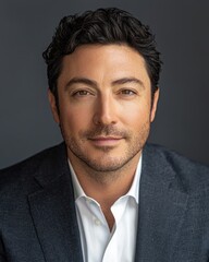 Confident business professional portrait with a warm smile and stylish attire against a neutral background