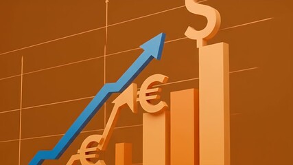 3D Illustration Financial Growth Euro Dollar Symbols And Bar Graph Orange Background - Powered by Adobe