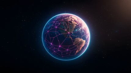 Obraz premium An Earth from space view is shown with a neon network, the planet is encircled by a bright cyan glow set against the inky black of space speckled with stars.