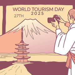 Obraz premium World Tourism Day Illustration: A traveler immortalizes a memorable moment, photographing a picturesque vista of a traditional pagoda and a majestic snow-capped peak.