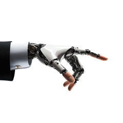 Robotic hand in suit gesturing technology future innovation artificial intelligence cyborg isolated on a white background