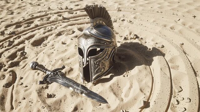 fallen soldier helmet and sword in desert sand symbolizing fall of empire history war battle defeat and ancient legacy
