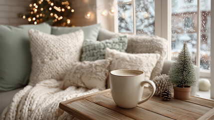 Minimalist Scandinavian living room: white sofa, Christmas tree, snow outside