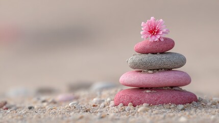 Pink and gray stones stacked on sand