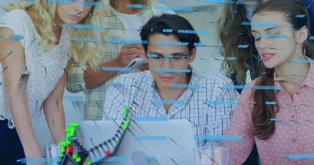 team leaning into laptop screen and initiating translucent data graph overlay for business analysis - Powered by Adobe