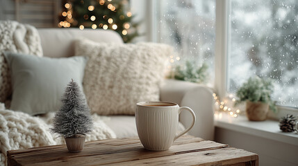 Minimalist Scandinavian living room: white sofa, Christmas tree, snow outside