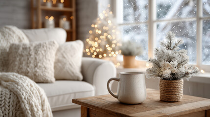 Minimalist Scandinavian living room: white sofa, Christmas tree, snow outside
