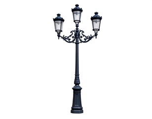 Ornate black street lamp against white background