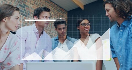 Man speaking at laptop in business meeting and projecting line-and-bar graph as team analyzing data - Powered by Adobe