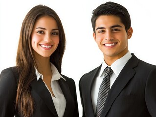 Professional Young Couple in Business Attire Smiling Confidently in Studio Setting with White Background
