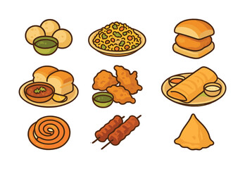 Traditional indian street food assortment: samosa, biryani, dosa, puri, vada pav, jalebi, pakora, pav bhaji, kebab