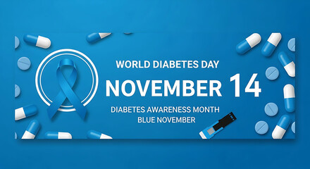 blue background, world diabetes day, november 14, medical symbol, pills, syringe, stethoscope, minimalist design, clean, modern, flat lay, digital illustration
