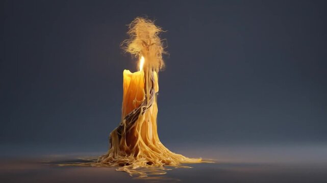 A glowing candle with dripped wax resembling a tree, on a gradient background