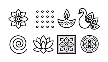 Diwali icon set featuring mandala, lotus, diya, peacock illustrations in black and white