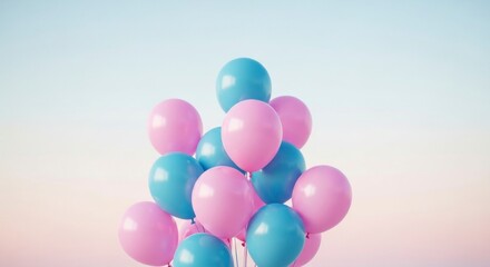 Bunch Of Blue And Pink Balloons Against Soft Pastel Sky Background