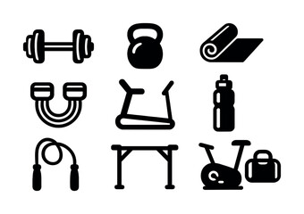 Fitness equipment icons: dumbbell, kettlebell, yoga mat, jump rope, treadmill, water bottle, bike