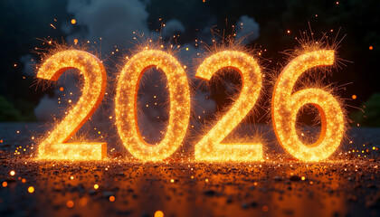 Glowing 2026 numbers with sparks and fire on a dark background