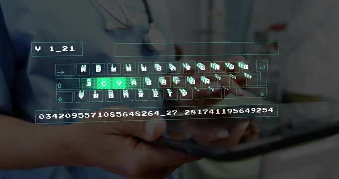 Nurse tapping tablet summoning holographic keyboard typing code filling progress bar for data entry