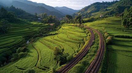 Terraced rice paddies and train tracks