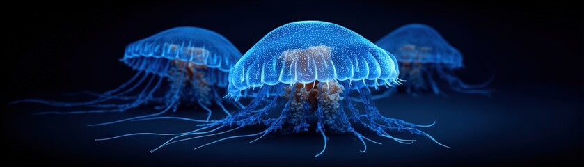 Obraz premium Bioluminescent jellyfish swimming in deep dark ocean water with glowing tentacles and vibrant blue luminescence du night