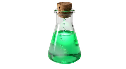 Green potion in a glass bottle with cork stopper isolated on white background, perfect for fantasy, science, or magical themes