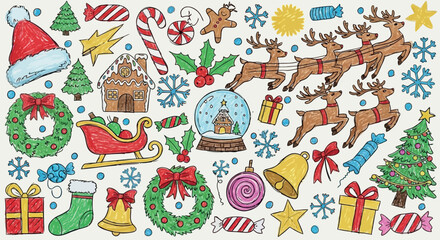 Vector art of festive christmas elements and characters scattered across a light background