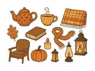 Cozy autumn collection with tea set, pumpkin, lanterns, and warm textiles