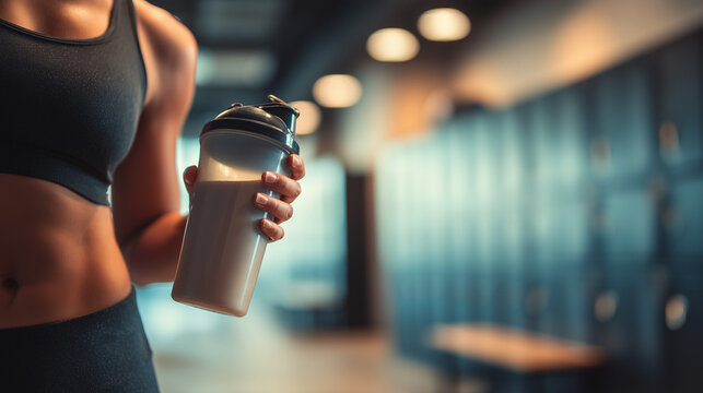 Person Holding Protein in Locker Room | Fitness, Nutrition and Post-Workout Concept