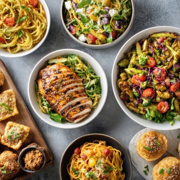 Delicious pasta dishes and salads restaurant food photography indoor