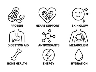 Health benefits icons: protein, heart support, skin glow, digestion, antioxidants, metabolism, bone health, energy, hydration