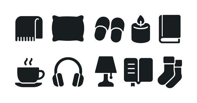 Cozy essentials icons set: blanket, pillow, slippers, candle, book, coffee, headphones, lamp, notebook, socks