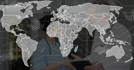 Translucent map sliding, doctor and nurse tapping tablet data points for health care shaking hands - Powered by Adobe