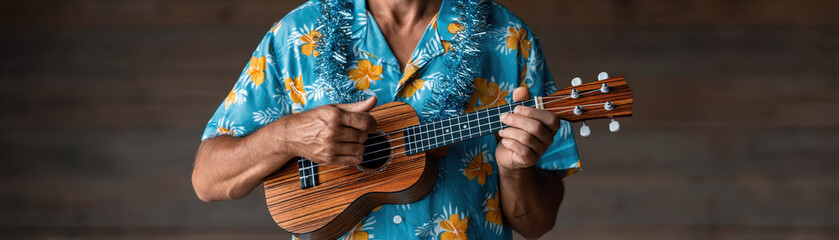 Tropical shirt person playing wooden ukulele with festive garland, joyful summer music scene with vibrant colors and relaxed mood