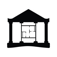 Simple Silhouette of a Classical Building with Floor Plan Inside the Frame, blueprints silhouette vector illustration