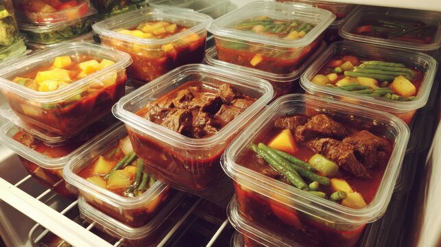 Preparing delicious meal prep containers in a kitchen refrigerator