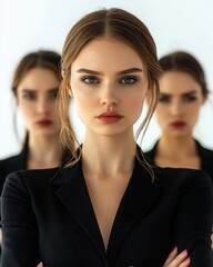 Confident Woman with Serious Expression in Front of Two Distant Women, Modern Fashion in Studio Setting