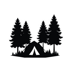 Obraz premium Silhouette of a camping tent among tall evergreen trees in the forest, camping in forest silhouette vector illustration