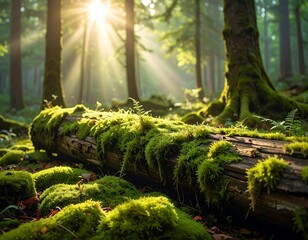 Sunbeams Illuminating a Moss-Covered Forest Floor