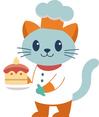 Adorable cartoon chef cat wearing a toque and holding a delicious cake
